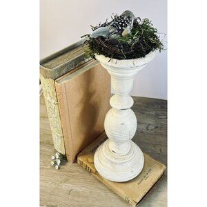 Handcrafted Bird Nest White Distressed Pedestal Decor: French Country Easter